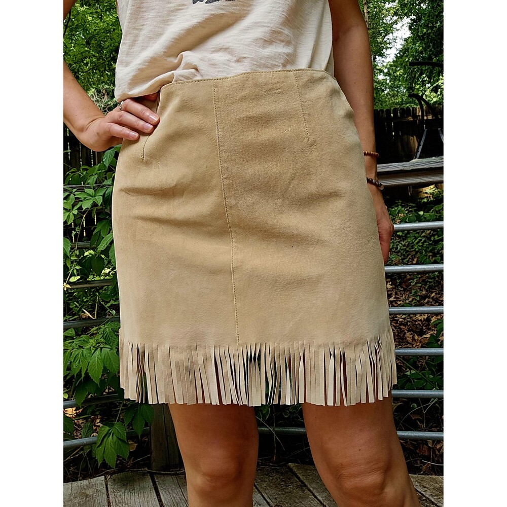 Vintage Suede Fringe Mini Skirt - Tan Leather Western Boho Skirt 6 neutral beige